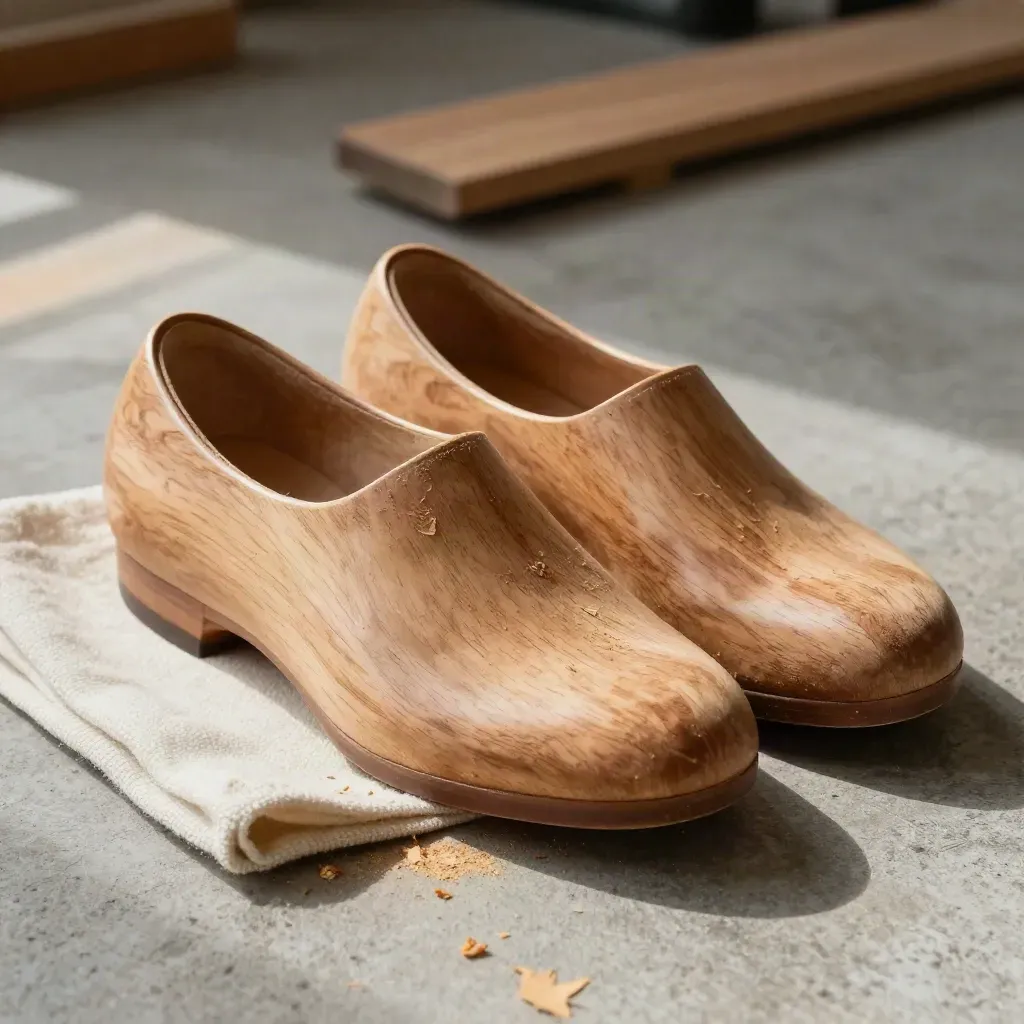 Cedar shoe trees half drawn from a wool cloth with cedar shavings on concrete