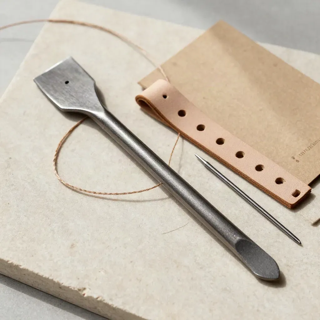 Overhead flat lay of a steel-handled sole stitch awl with thread, leather strip and needle