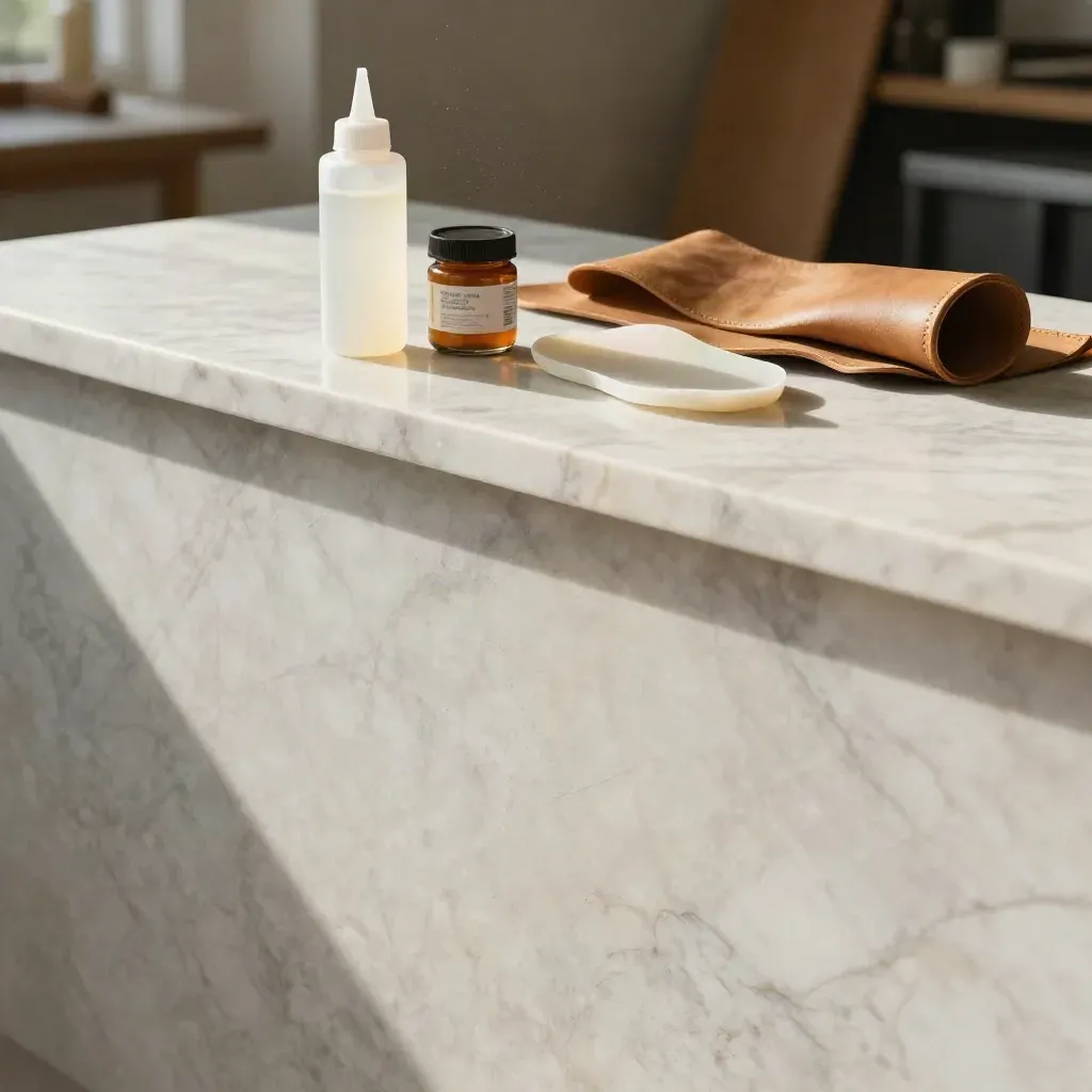 Marble adhesive setup with bottles and rolled leather, upper-third focus and calm copy space.