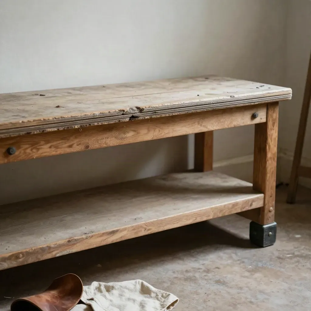 Weathered cobbler’s bench with stacked soles and heel blocks in a quiet workshop