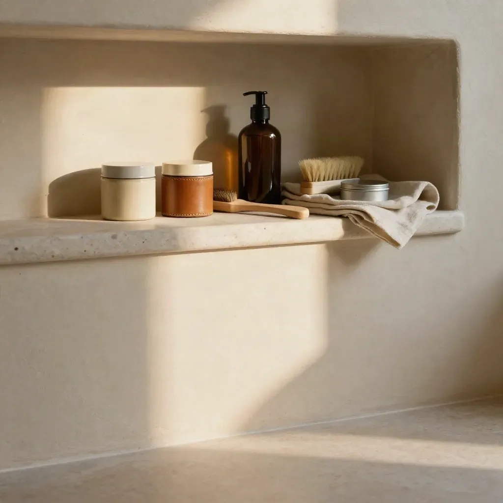Sunlit plaster alcove with leather care jars, brush, cloth, and calm copy space below