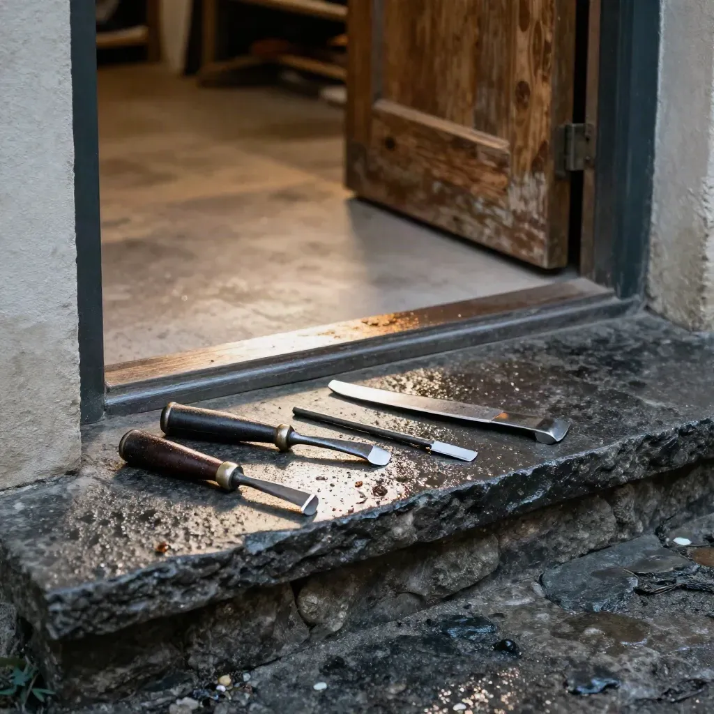 Rain-dark stone threshold with awls and a cobbler’s knife by a workshop doorway at golden hour.