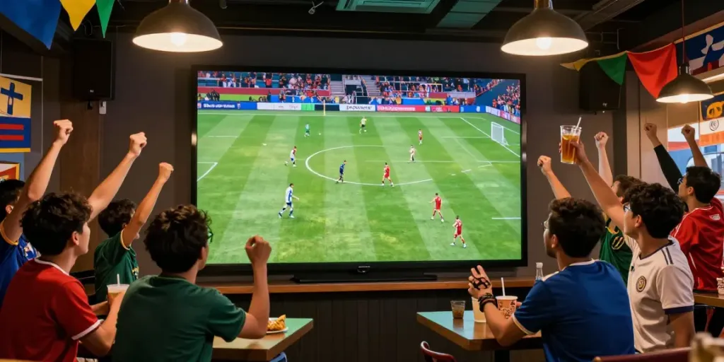 Fans enjoying a lively football match on CakhiaTV with snacks and drinks.
