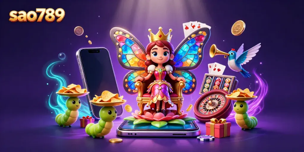 Experience the vibrant world of sao789 with a butterfly queen amidst dynamic casino elements in this rich illustration.