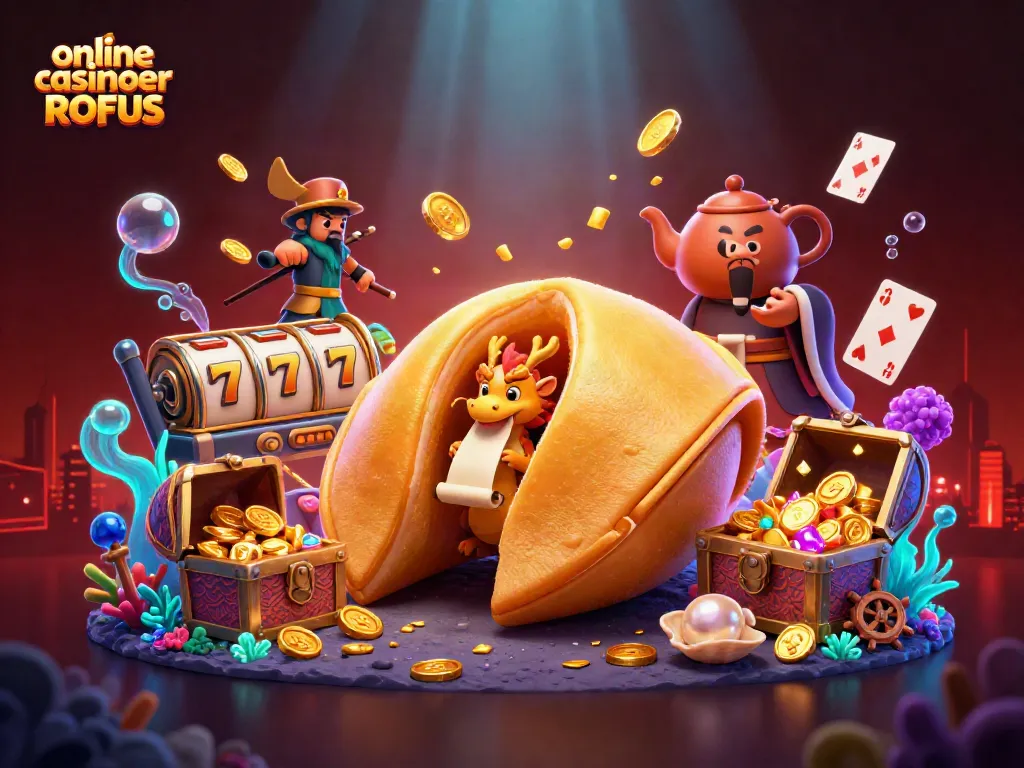Experience the excitement of online casinoer uden ROFUS with vibrant characters, slot reels, and gold treasures.