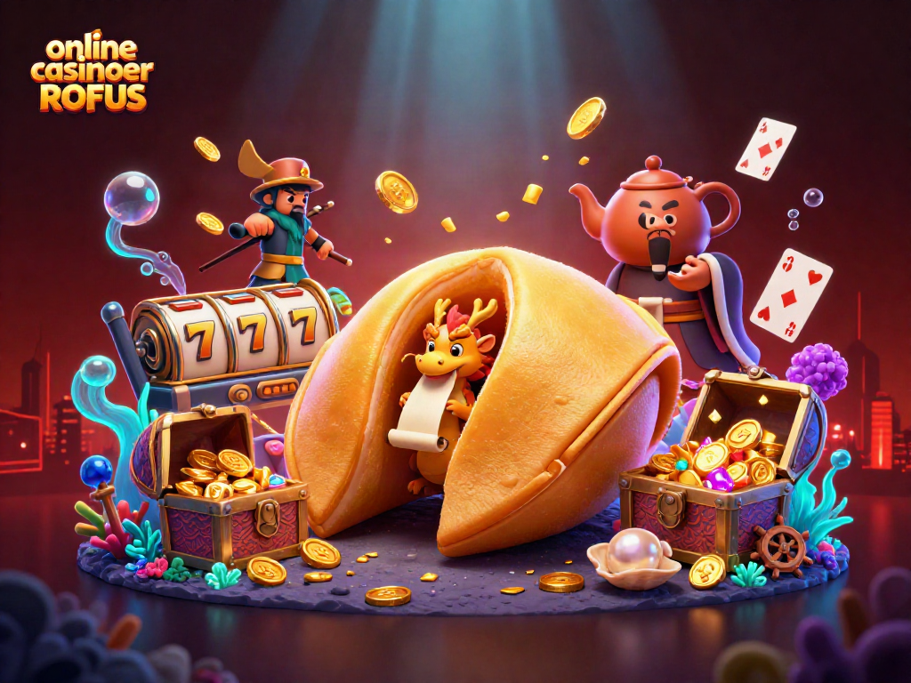 Experience the excitement of online casinoer uden ROFUS with vibrant characters, slot reels, and gold treasures.