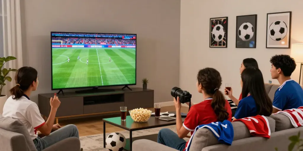 Exciting scene of friends enjoying live football on trang bóng thapcamtv in a cozy living room.