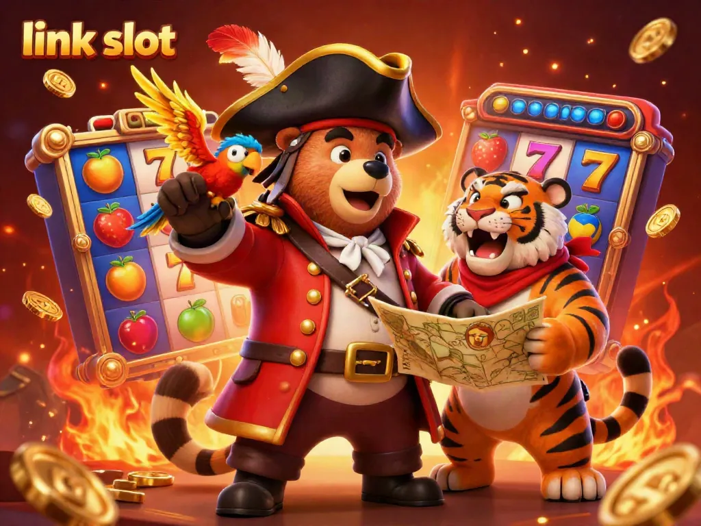 Experience thrilling wins with link slot featuring vibrant slot reels and a pirate captain bear.