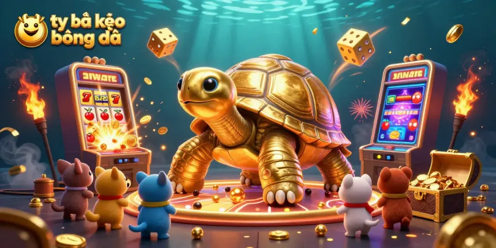 Engage in tỷ lệ kèo bóng đá with a vibrant scene of a colossal tortoise pinball machine and casino excitement.
