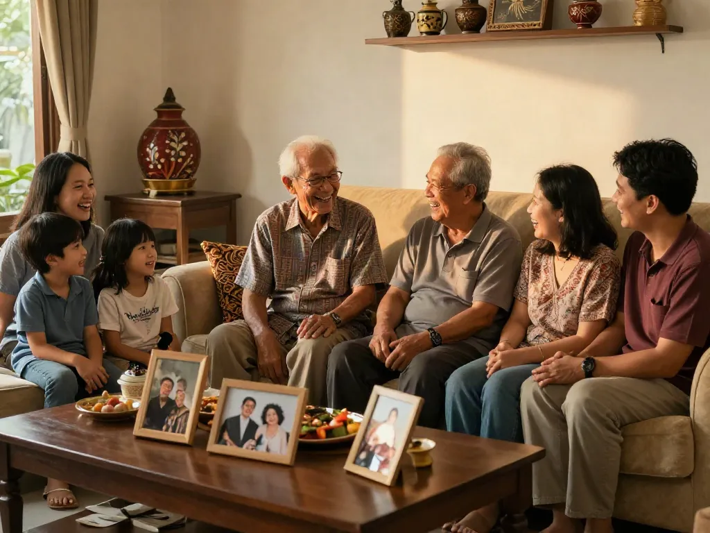 Family gathering showcasing the values of rokok88 slot with parents and children sharing joyful moments together.