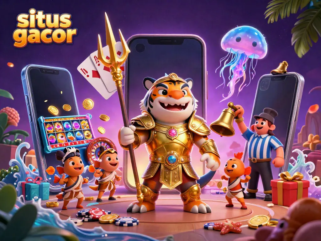 Engage with situs gacor as a vibrant shark battles for jackpots in a colorful casino-themed underwater scene.
