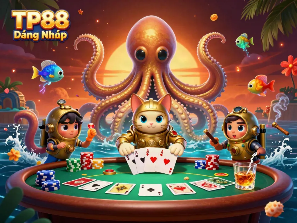 Engage with TP88 Đăng Nhập as the colossal kraken emerges with poker action in a treasure-filled scene.