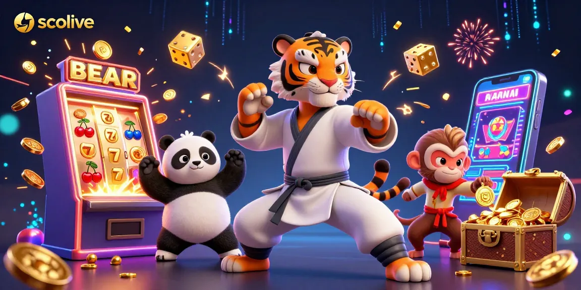 Socolive delivers an exciting gaming experience with a tiger master and panda disciple amidst casino excitement.