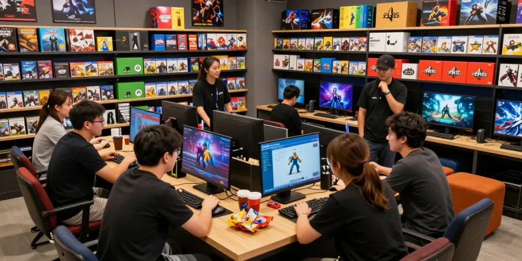 Engaged gamers discussing rokok88 products in a vibrant game store atmosphere.