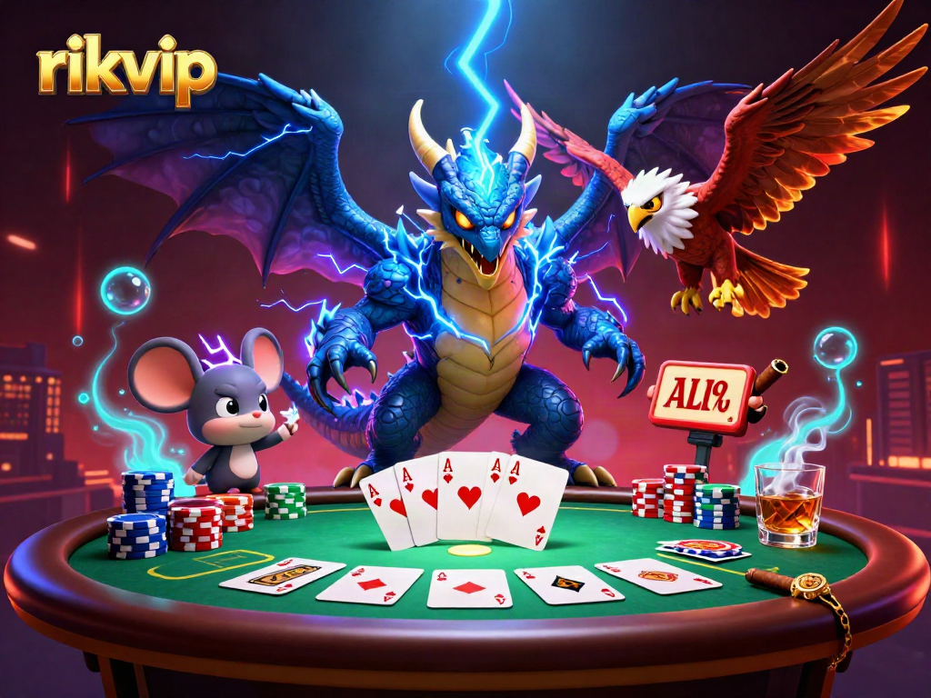 Engage with the rikvip casino scene featuring a vibrant dragon, hawk, and poker elements.