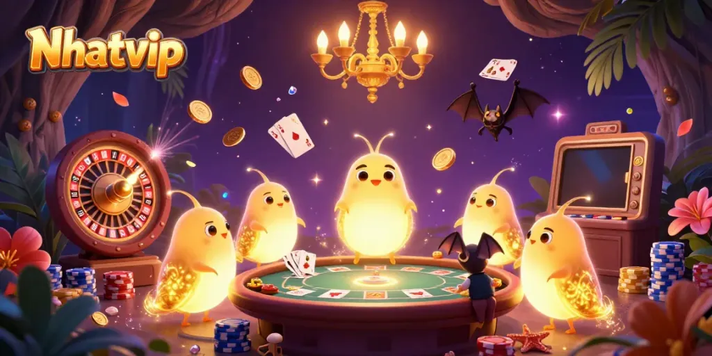 Nhatvip offers an immersive gaming experience with vibrant glowworms lighting up a casino scene.