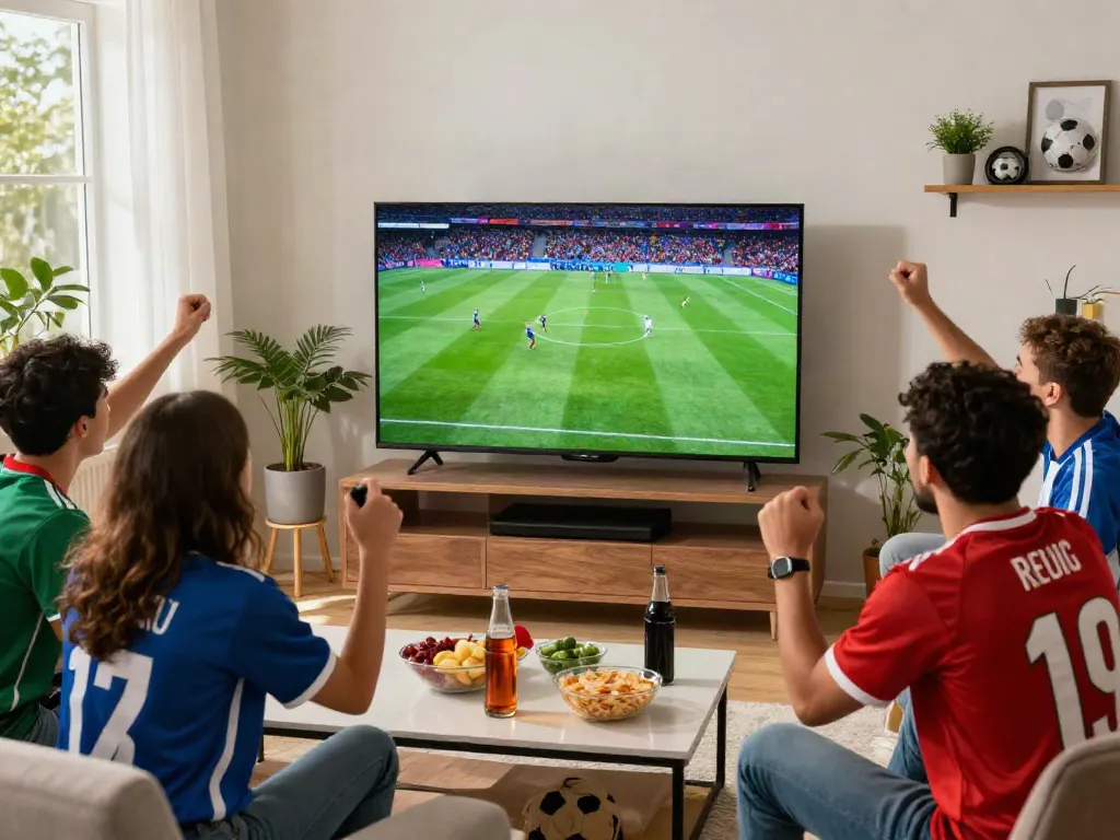 Friends enjoying a soccer match on XoilacTV, showcasing the excitement of bóng đá xoilactv.