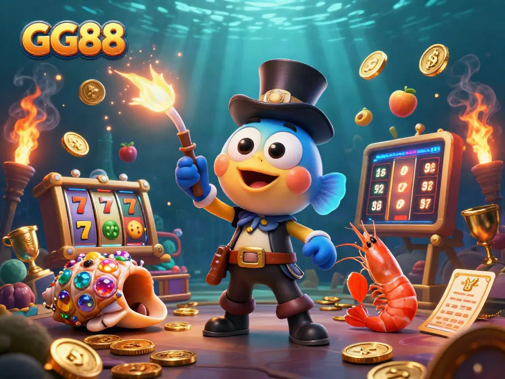 Engage in exciting play at GG88 while vibrant slot machine symbols capture glowing coins amid sea creatures.