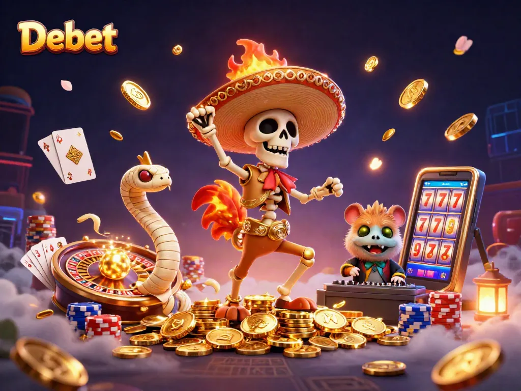 Debet promotes gaming excitement with a vibrant scene of festive characters amidst dynamic casino elements.