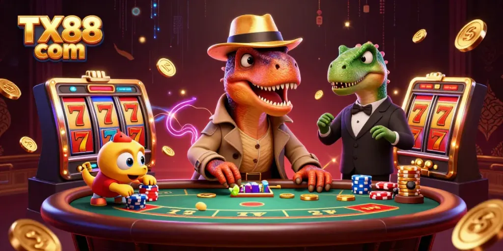 Experience thrilling jackpots and fun at TX88 com's vibrant casino scene featuring animated 3D characters.
