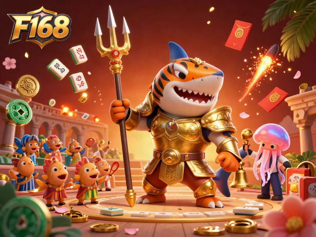 Immerse in F168's underwater gambling experience featuring a fierce tiger shark with a trident among dynamic casino elements.
