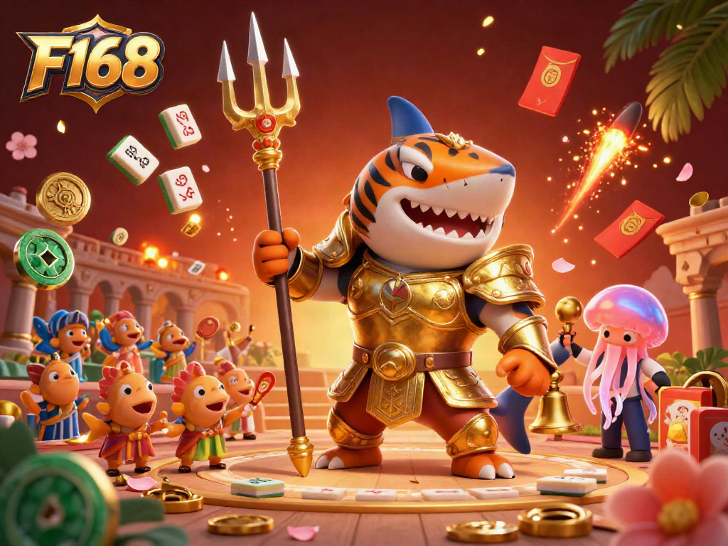 Immerse in F168's underwater gambling experience featuring a fierce tiger shark with a trident among dynamic casino elements.