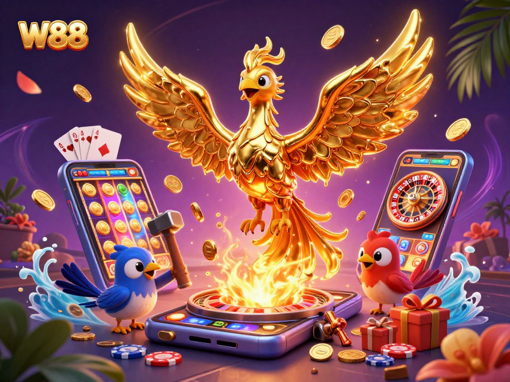 Experience thrilling gameplay at W88 with a molten phoenix delivering golden coins alongside a vibrant 3D casino atmosphere.