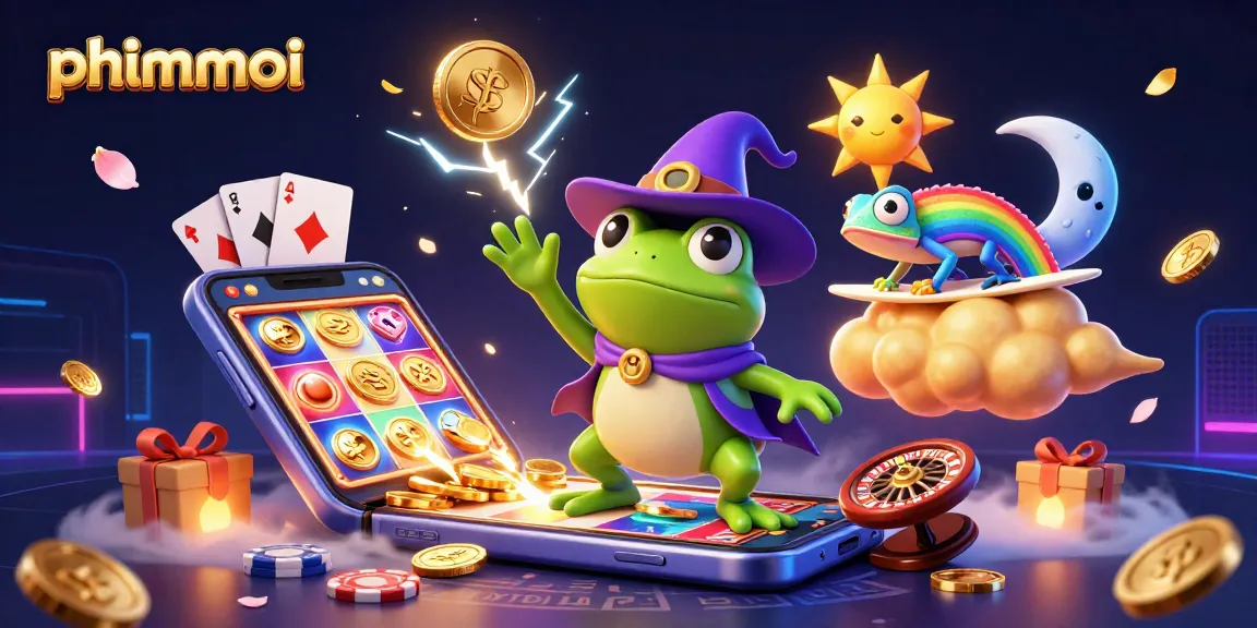 Engage with phimmoi's thrilling gaming experience featuring a wizard frog and chameleon amidst gold coins and vibrant slot games.