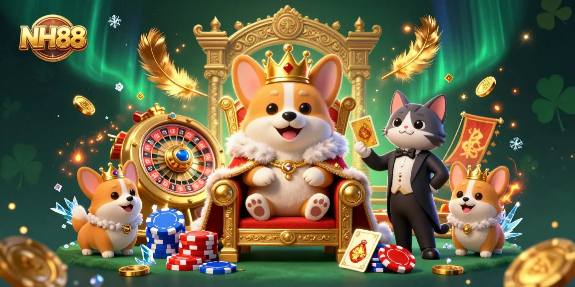 Join NH88's elite royal corgi as it reigns over a vibrant casino scene filled with gold and gaming excitement.