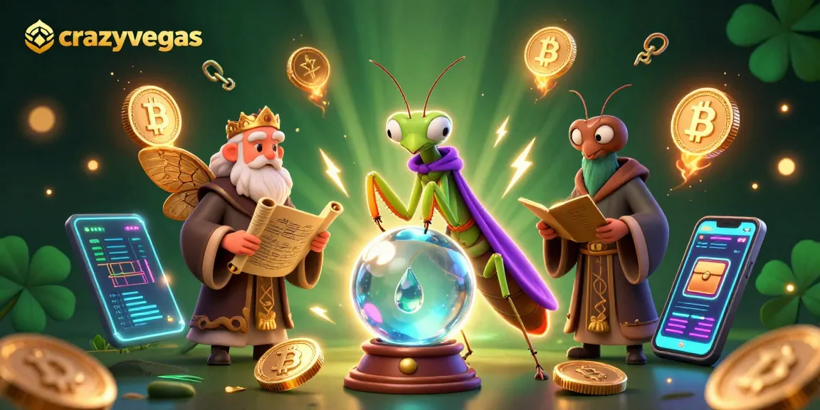 Experience the magic of crazyvegas with a vibrant casino-themed illustration showcasing a fortune teller and golden wings.