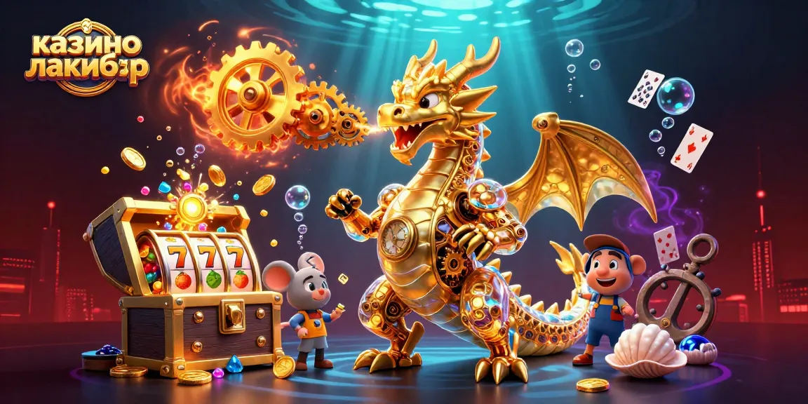 Engage with казино лакибир in a vibrant, animated underwater scene featuring a biomechanical dragon and exciting slot elements.