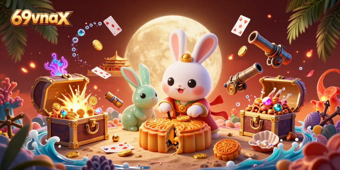 Engage in exciting online gaming at 69vnax with poker chips revealed from golden mooncakes.