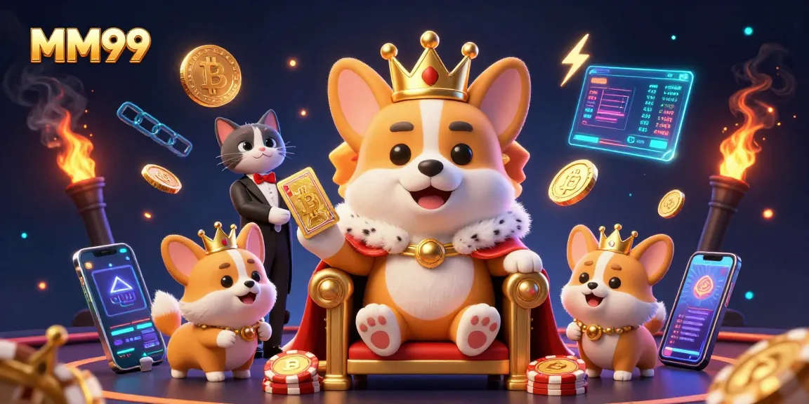 Experience MM99's vibrant 3D casino scene with royal corgis and crypto elements.